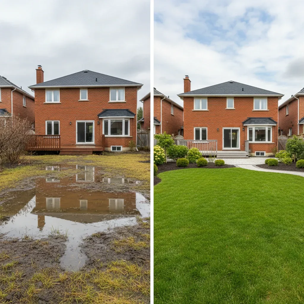 Drainage service transformation - before and after by Signature Landscaping Oshawa in Oshawa